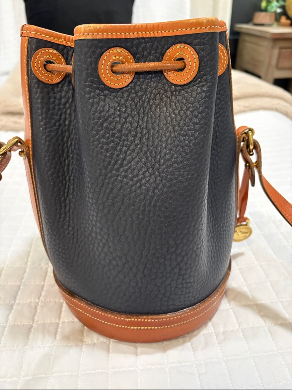 Dooney & Bourke Black Pebble Leather Mini Drawstring Bag with Tan Trim - Picture 5 of 5